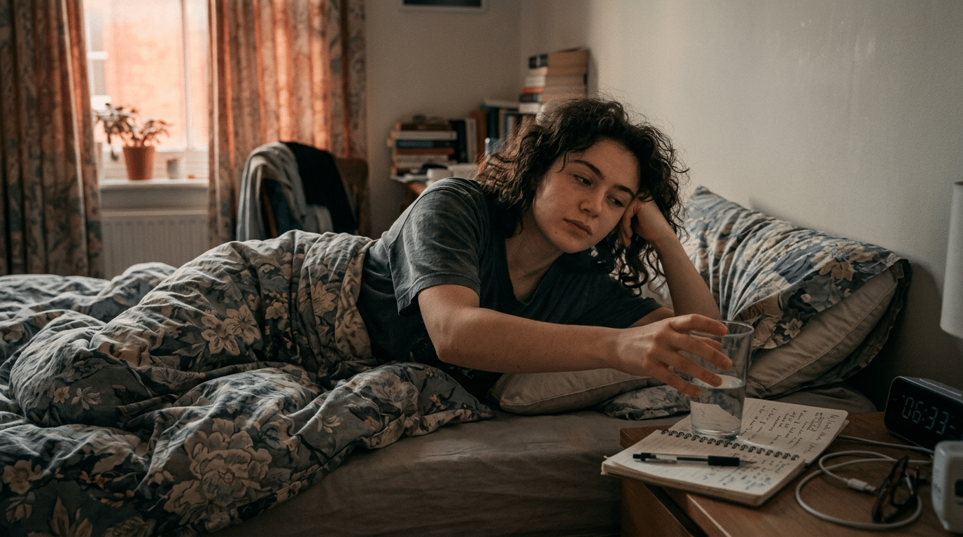 Woman lying in bed reaching for a glass of water next to an open notebook