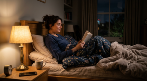 Woman reading book in bed with lamp on bedside table
