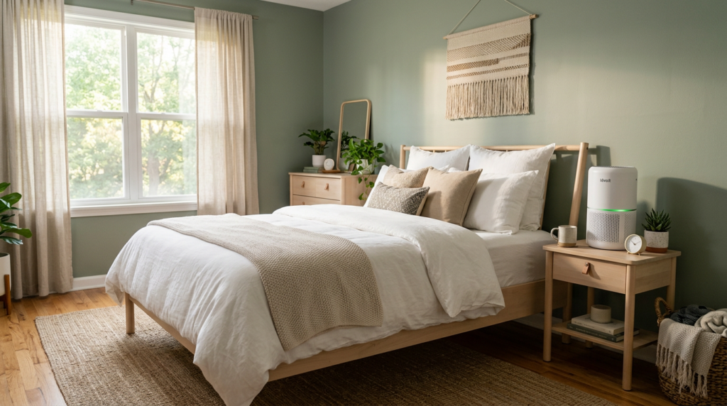 Wooden bed with white and beige bedding in softly lit bedroom with air purifier on nightstand