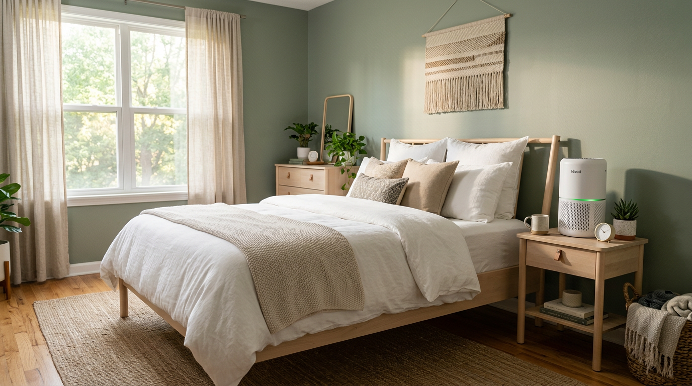 Wooden bed with white and beige bedding in softly lit bedroom with air purifier on nightstand