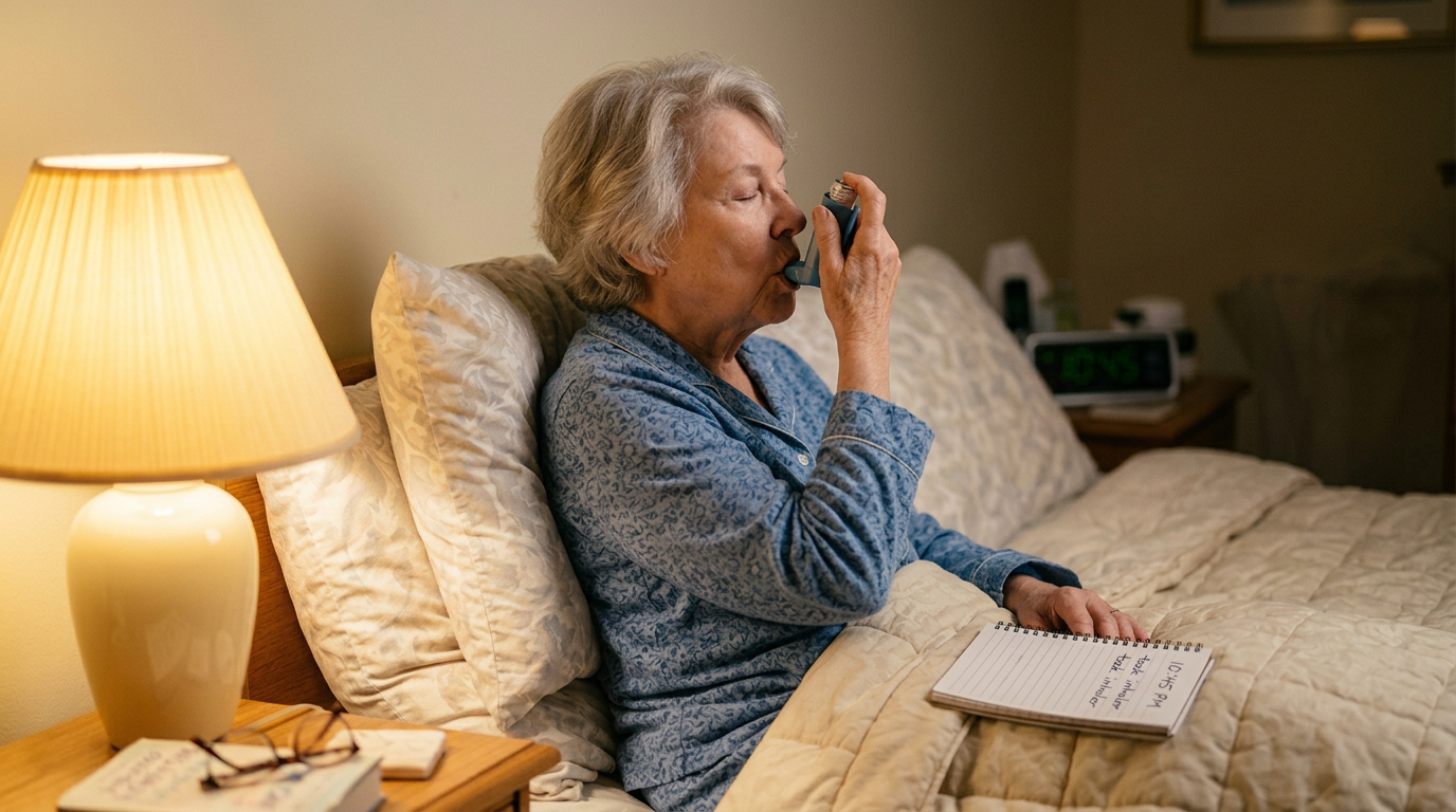 Older adult sitting on a bed at night with an inhaler nearby, representing COPD and sleep apnea overlap syndrome and nighttime breathing symptoms.
