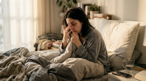 Person waking up tired with nasal congestion and sleep-related dry mouth, snoring, and morning headache symptoms.