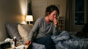 Home 3 Adult sitting up in bed with a glass of water after nighttime coughing and sleep disruption