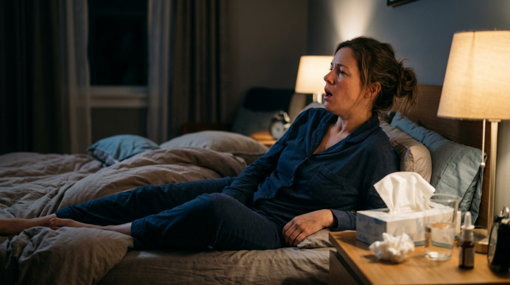 Adult with allergies and mouth breathing at night waking with dry mouth, tissues, and water beside the bed.