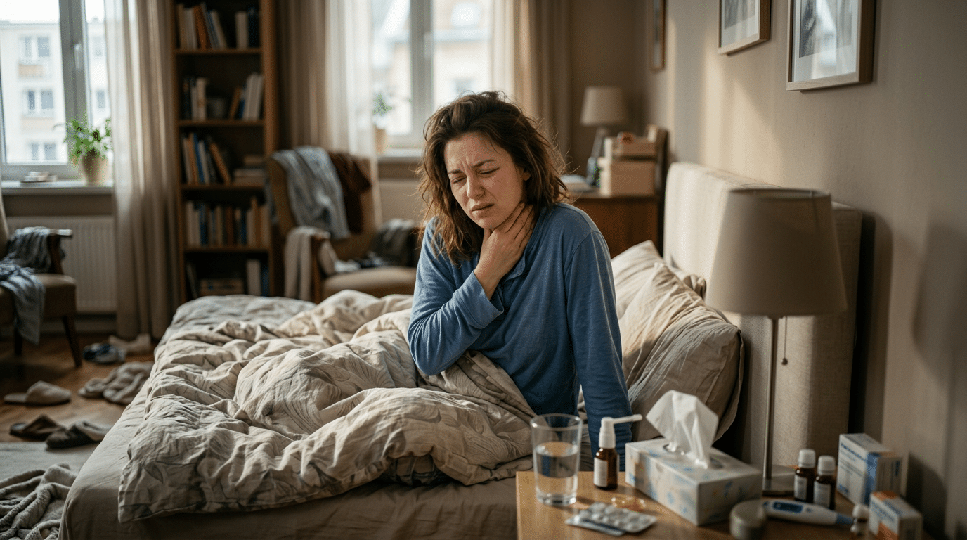 Woman sitting on bed holding throat in discomfort with medications nearby