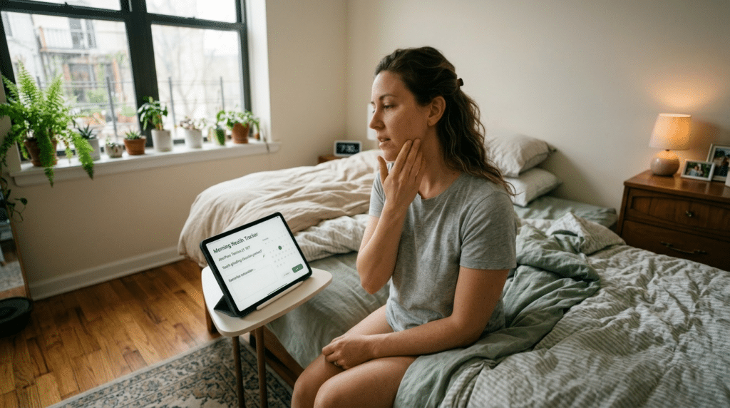 Woman sitting on bed touching her neck, using a tablet with a morning health tracker app
